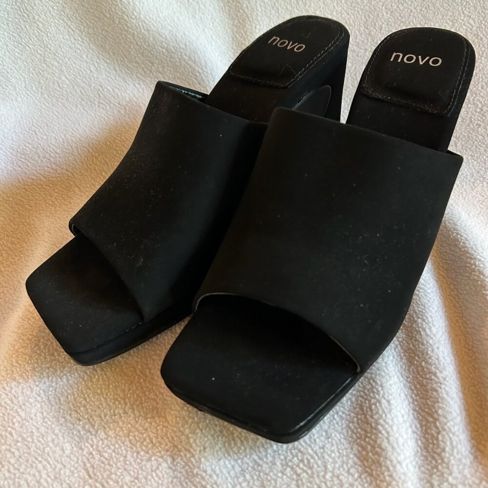 Novo Black Velvet Freyah Open Square Toe High Block Heel Mules, Size 7